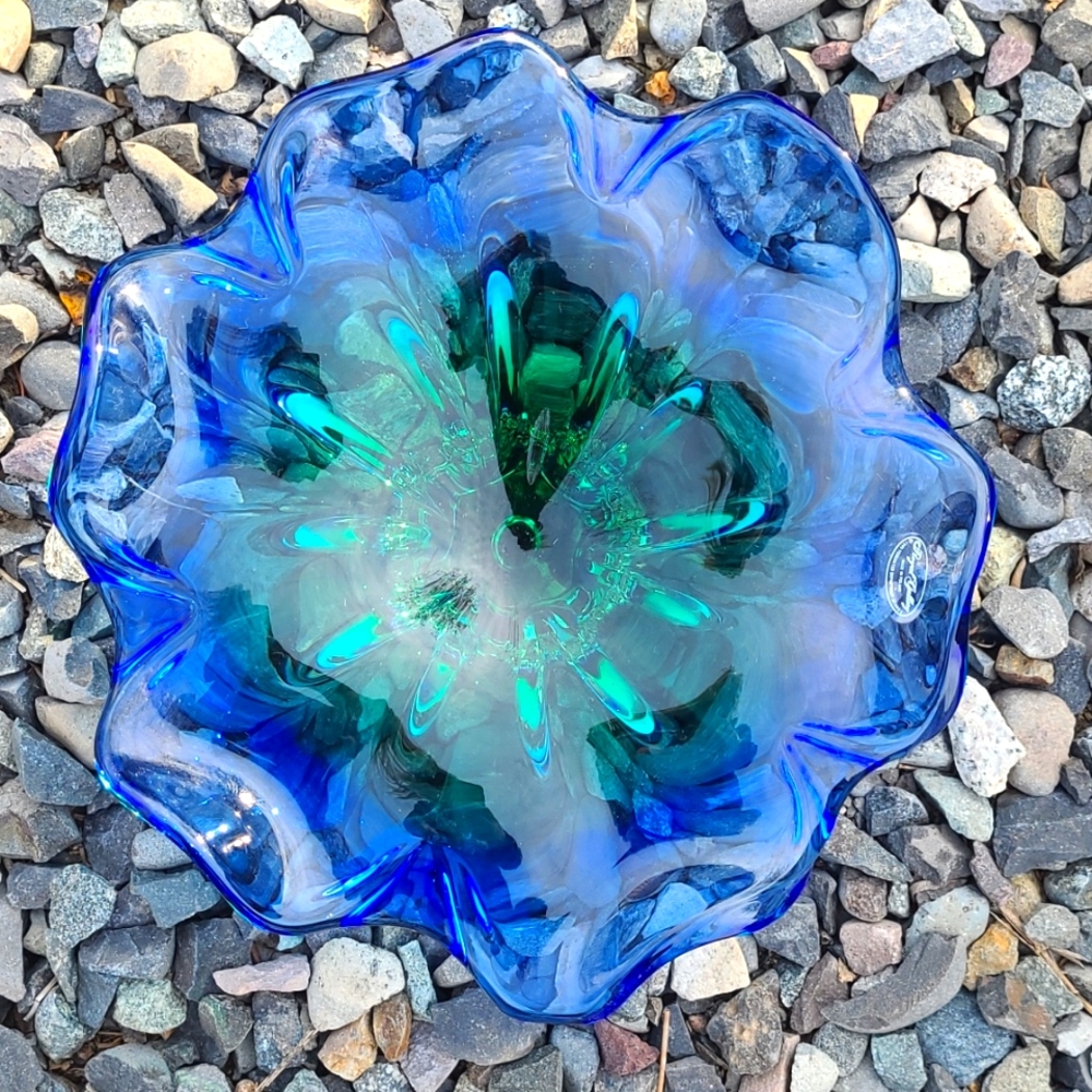 COPY - NWTBeautiful Royal Gallery Blue /Green Swirl Pedestal  Heavy Art Glass B…